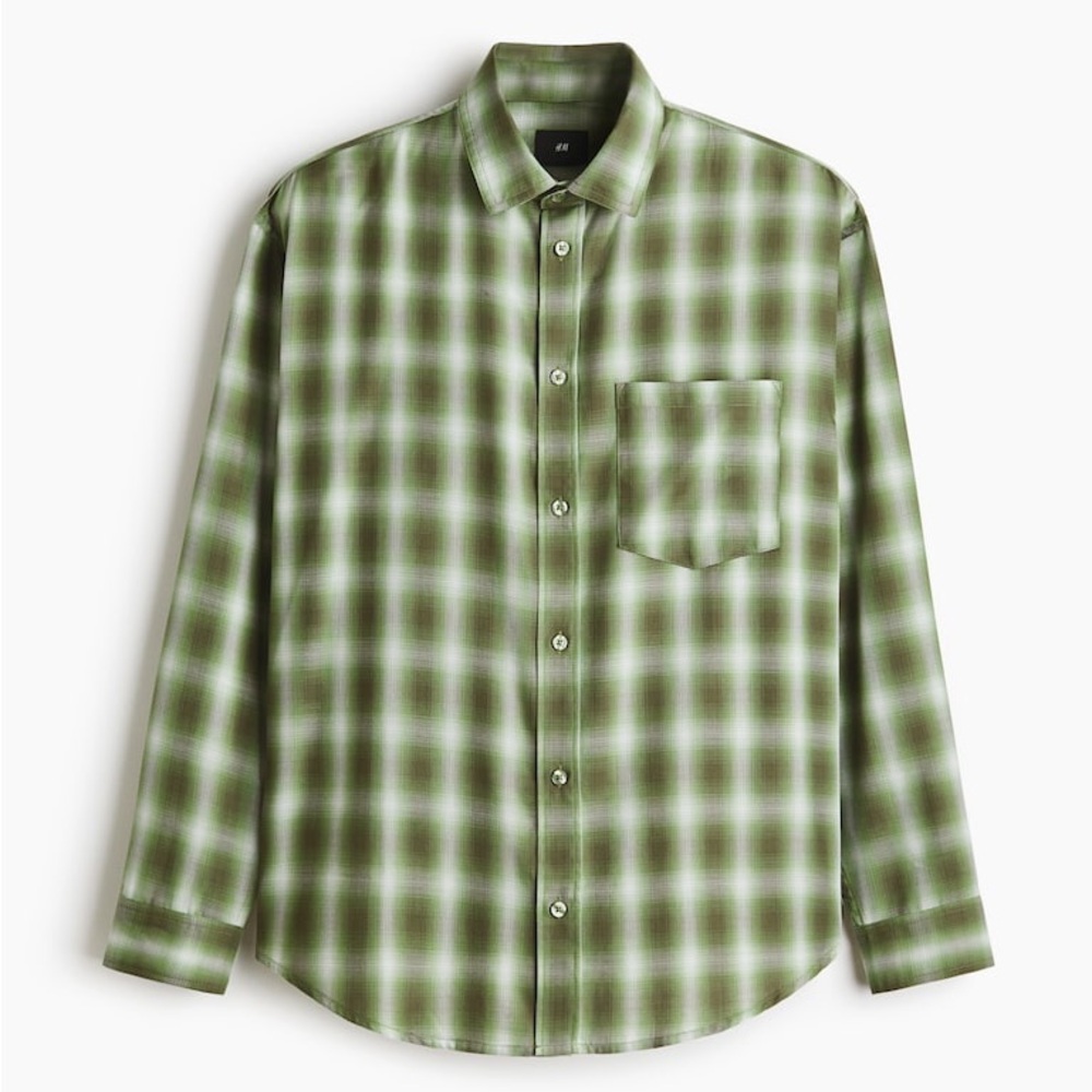 H&M Green and White Plaid Long-Sleeve Button-Down Shirt